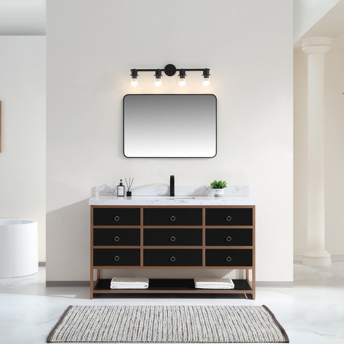 Legion Furniture 60" Single Vanity with Golden Brush Stainless Steel Frame and Tricorn Black Finish with 2' Thick White Artificial Stone Countertop – – –