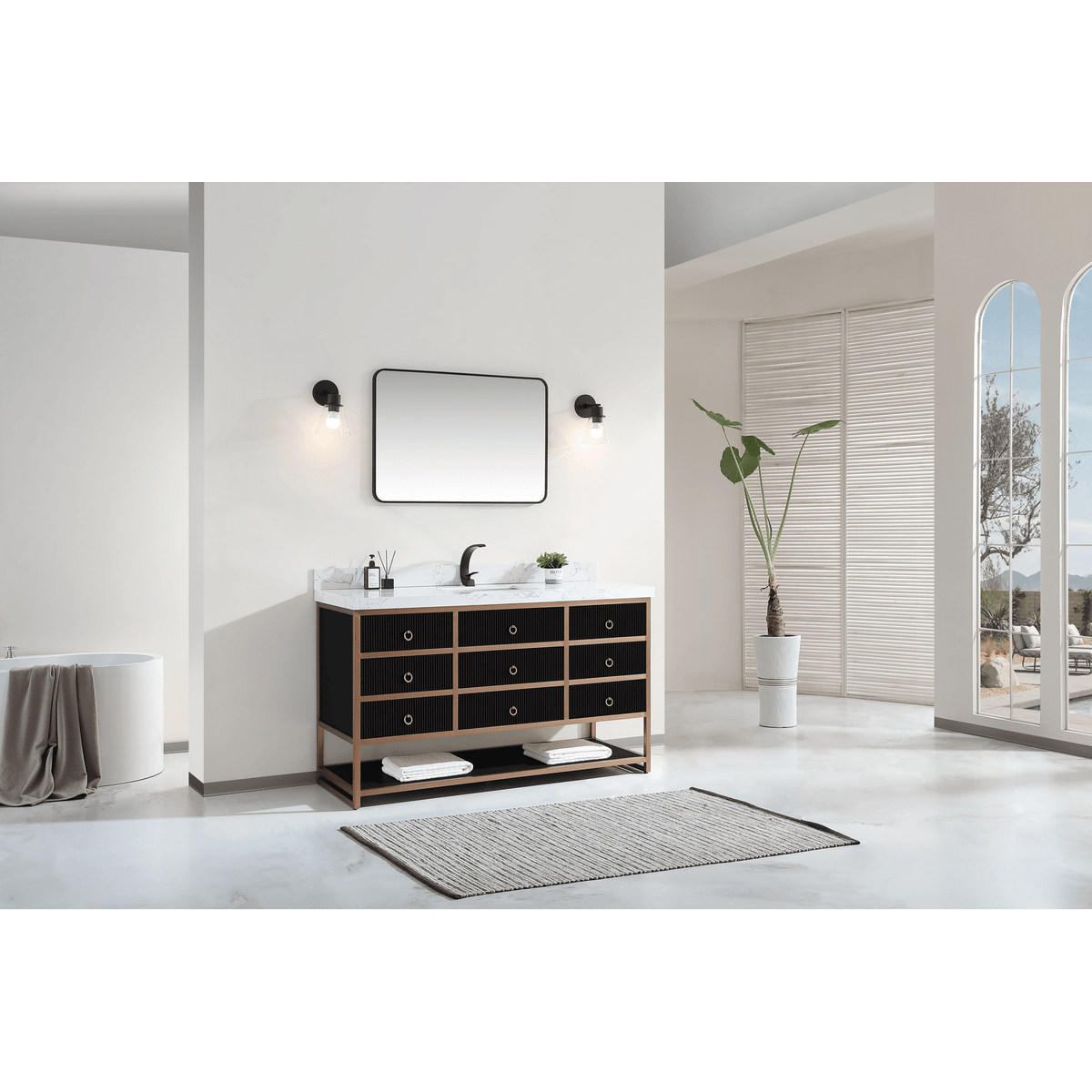 Legion Furniture 60" Single Vanity with Golden Brush Stainless Steel Frame and Tricorn Black Finish with 2' Thick White Artificial Stone Countertop – – –