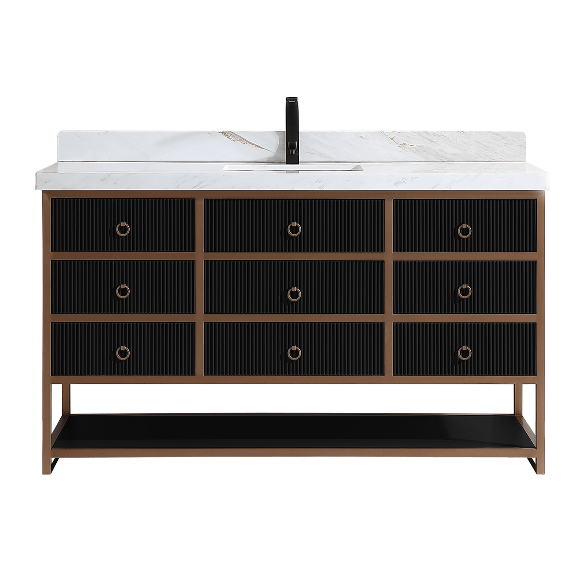 Legion Furniture 60" Single Vanity with Golden Brush Stainless Steel Frame and Tricorn Black Finish with 2' Thick White Natural Marble Countertop – – –