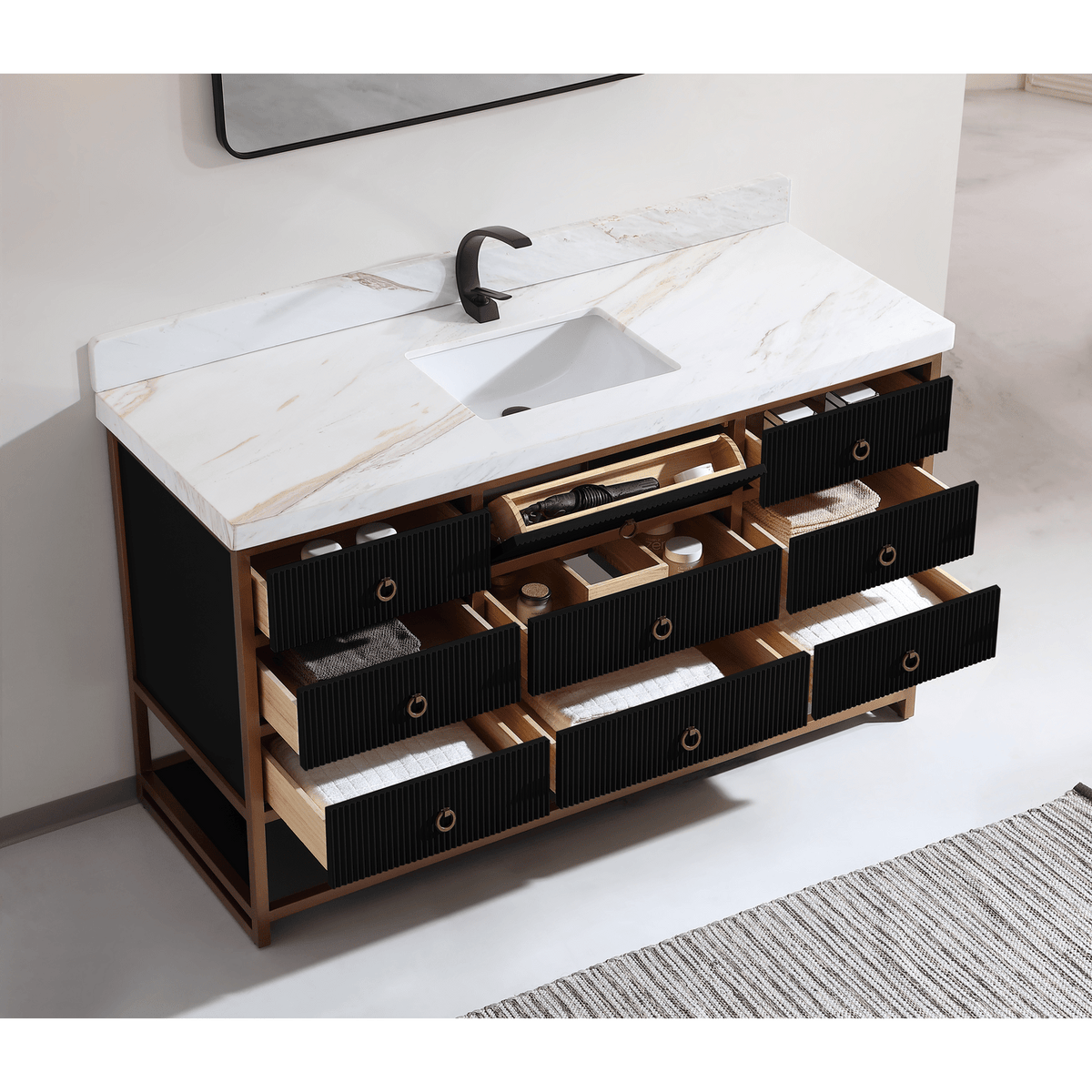 Legion Furniture 60" Single Vanity with Golden Brush Stainless Steel Frame and Tricorn Black Finish with 2' Thick White Natural Marble Countertop – – –