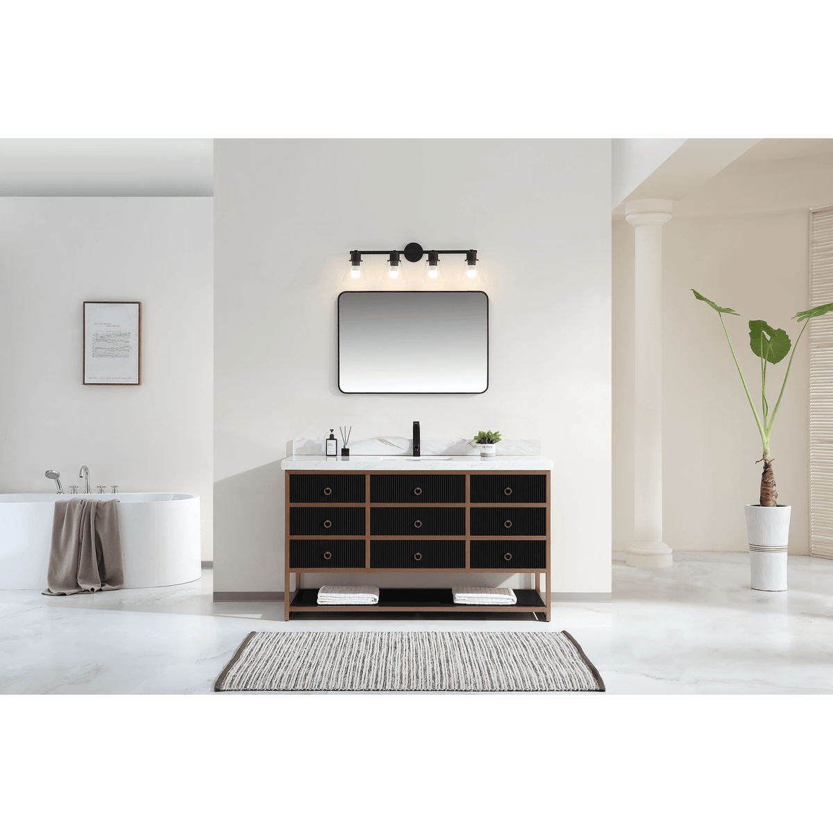 Legion Furniture 60" Single Vanity with Golden Brush Stainless Steel Frame and Tricorn Black Finish with 2' Thick White Natural Marble Countertop – – –