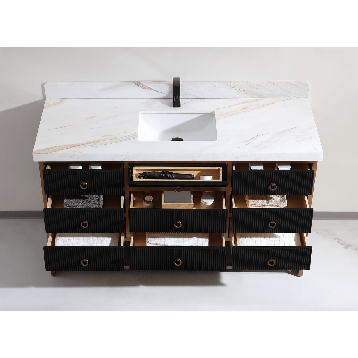 Legion Furniture 60" Single Vanity with Golden Brush Stainless Steel Frame and Tricorn Black Finish with 2' Thick White Natural Marble Countertop – – –