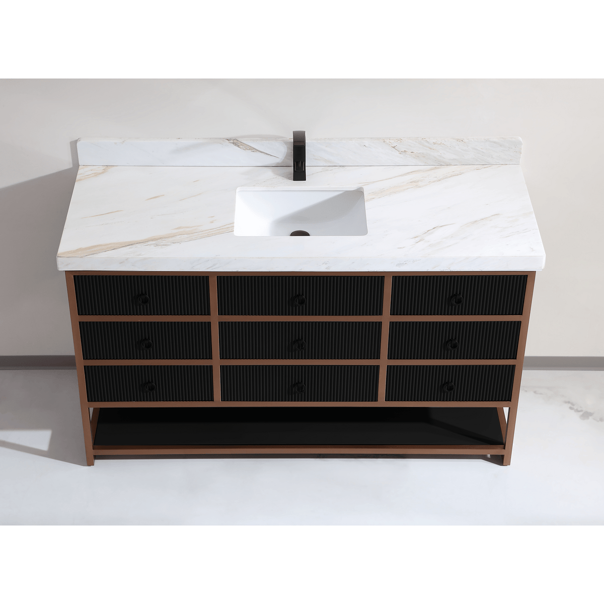 Legion Furniture 60" Single Vanity with Golden Brush Stainless Steel Frame and Tricorn Black Finish with 2' Thick White Natural Marble Countertop – – –