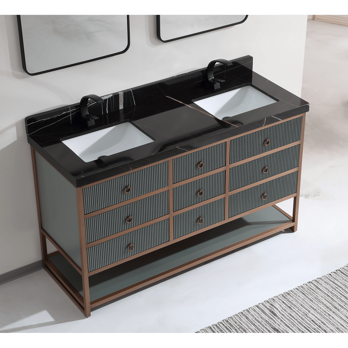 Legion Furniture 72" Double Vanity with Golden Brush Stainless Steel Frame and Pewter Green Finish with 2" Thick Black Natural Marble Countertop – – –