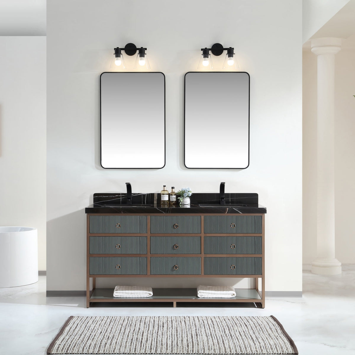 Legion Furniture 72" Double Vanity with Golden Brush Stainless Steel Frame and Pewter Green Finish with 2" Thick Black Natural Marble Countertop – – –