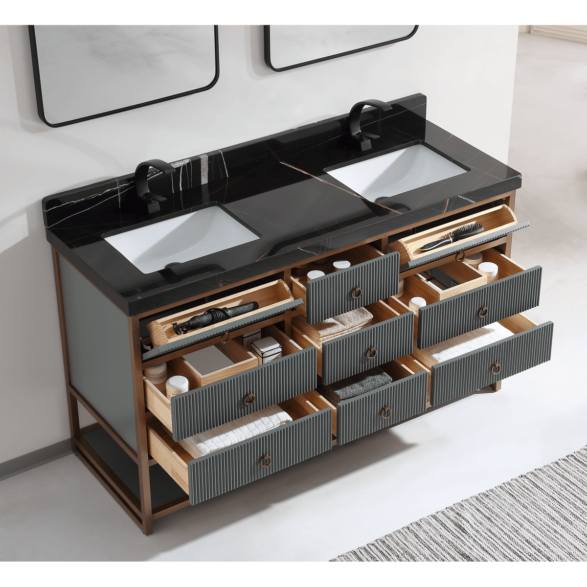 Legion Furniture 72" Double Vanity with Golden Brush Stainless Steel Frame and Pewter Green Finish with 2" Thick Black Natural Marble Countertop – – –