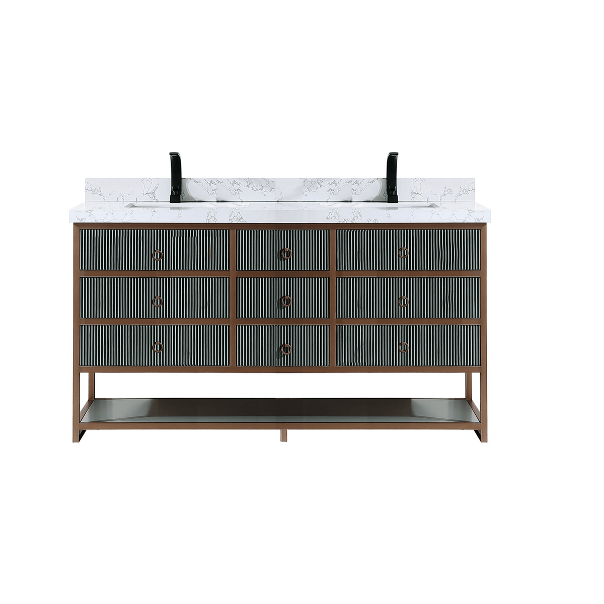 Legion Furniture 72" Double Vanity with Golden Brush Stainless Steel Frame and Pewter Green Finish with 2" Thick White Artificial Stone Countertop – – –