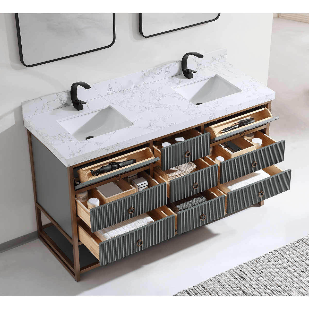 Legion Furniture 72" Double Vanity with Golden Brush Stainless Steel Frame and Pewter Green Finish with 2" Thick White Artificial Stone Countertop – – –