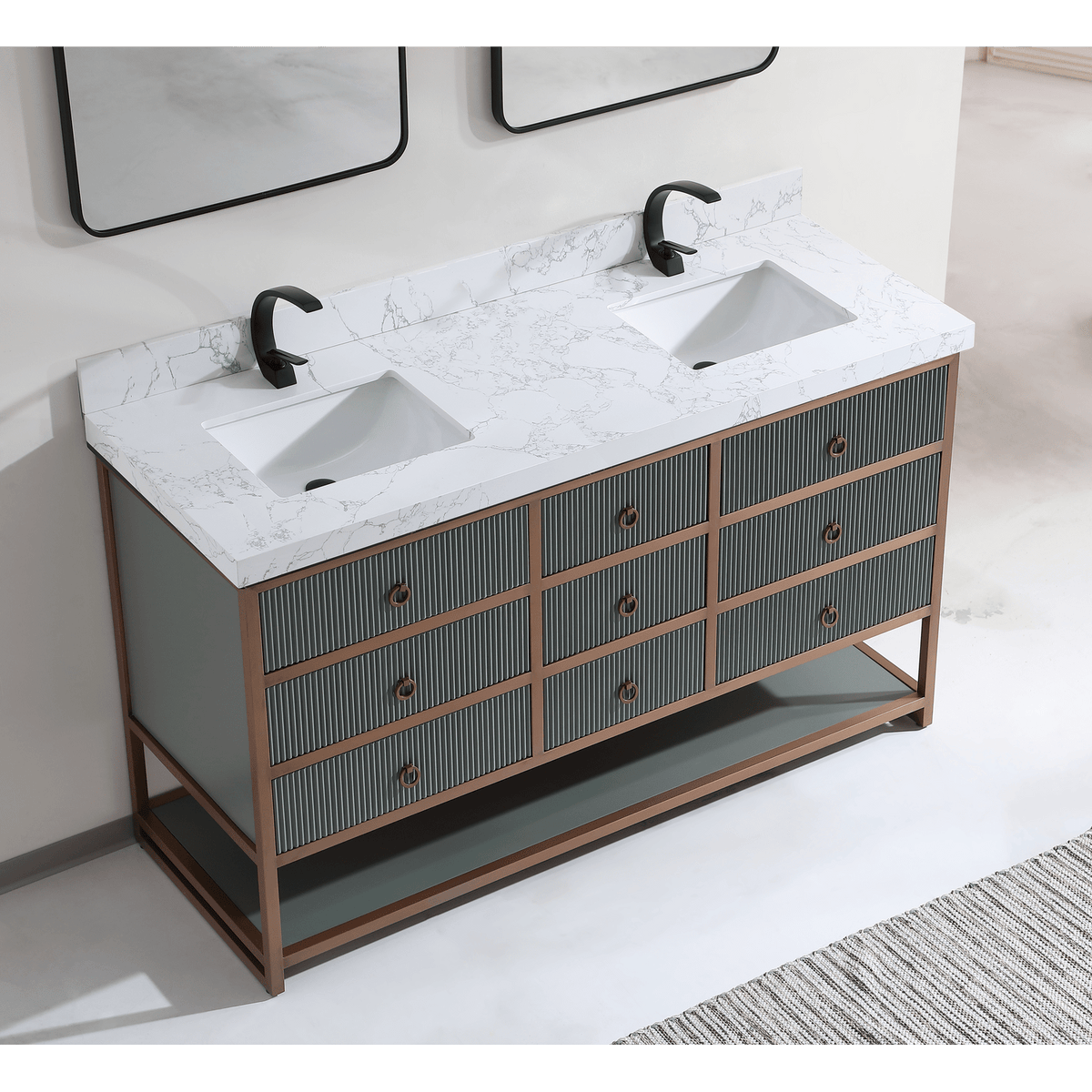 Legion Furniture 72" Double Vanity with Golden Brush Stainless Steel Frame and Pewter Green Finish with 2" Thick White Artificial Stone Countertop – – –