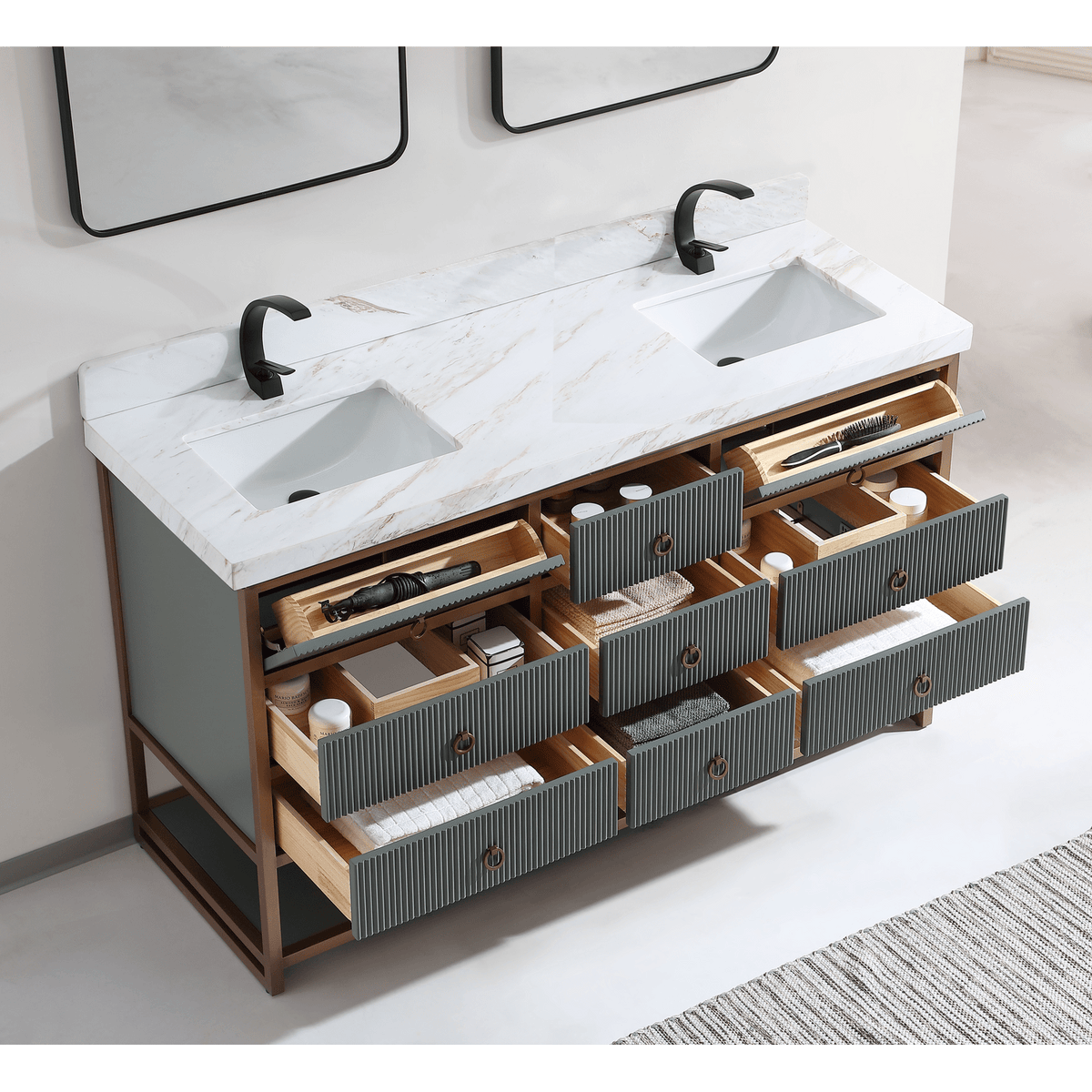 Legion Furniture 72" Double Vanity with Golden Brush Stainless Steel Frame and Pewter Green Finish with 2" Thick White Natural Marble Countertop – – –