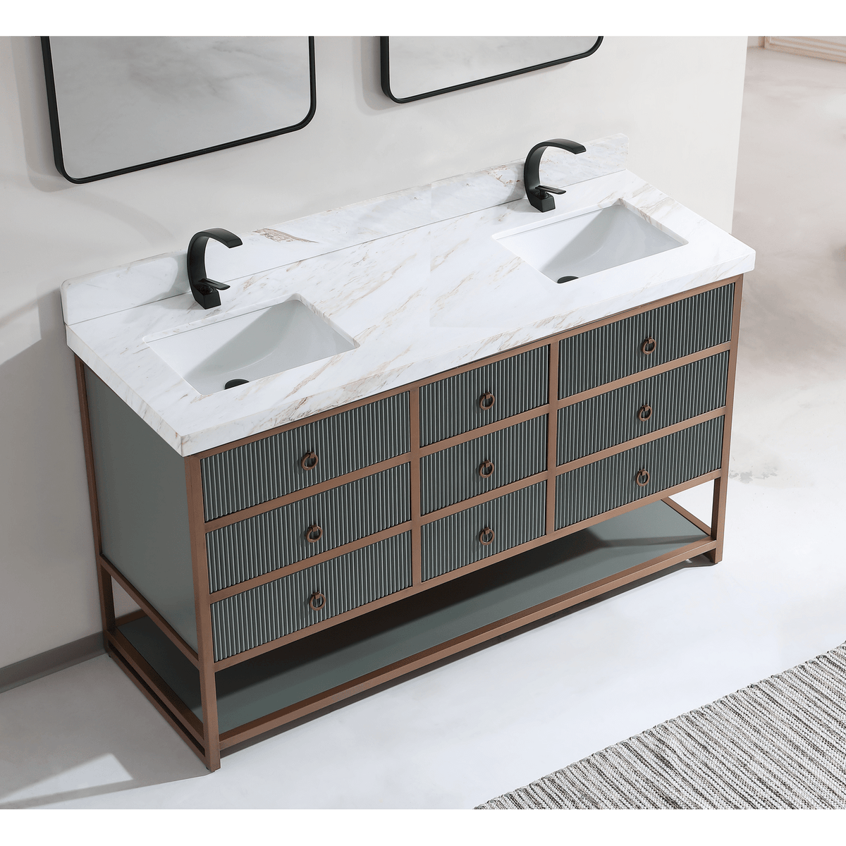 Legion Furniture 72" Double Vanity with Golden Brush Stainless Steel Frame and Pewter Green Finish with 2" Thick White Natural Marble Countertop – – –