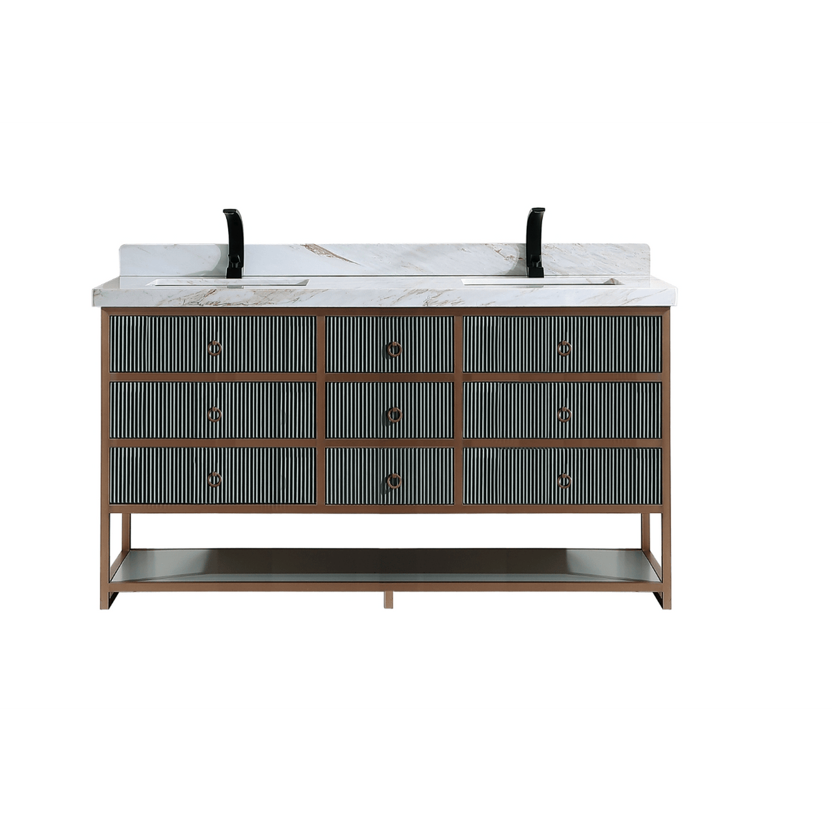 Legion Furniture 72" Double Vanity with Golden Brush Stainless Steel Frame and Pewter Green Finish with 2" Thick White Natural Marble Countertop – – –