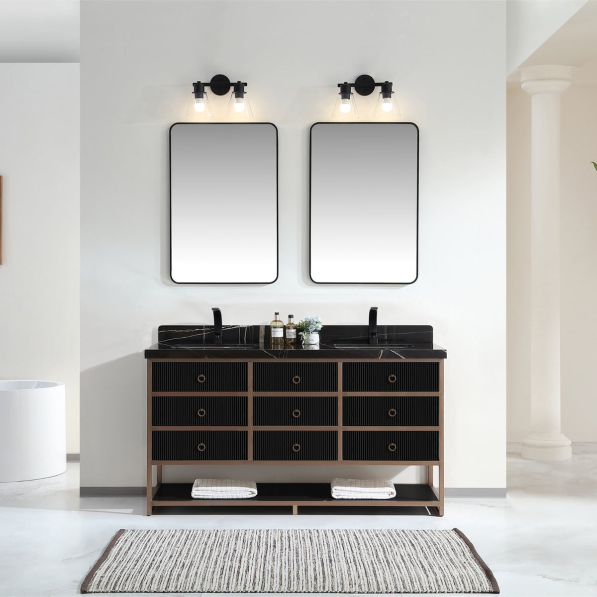 Legion Furniture 72" Double Vanity with Golden Brush Stainless Steel Frame and Tricorn Black Finish with 2" Thick Black Natural Marble Countertop – – –