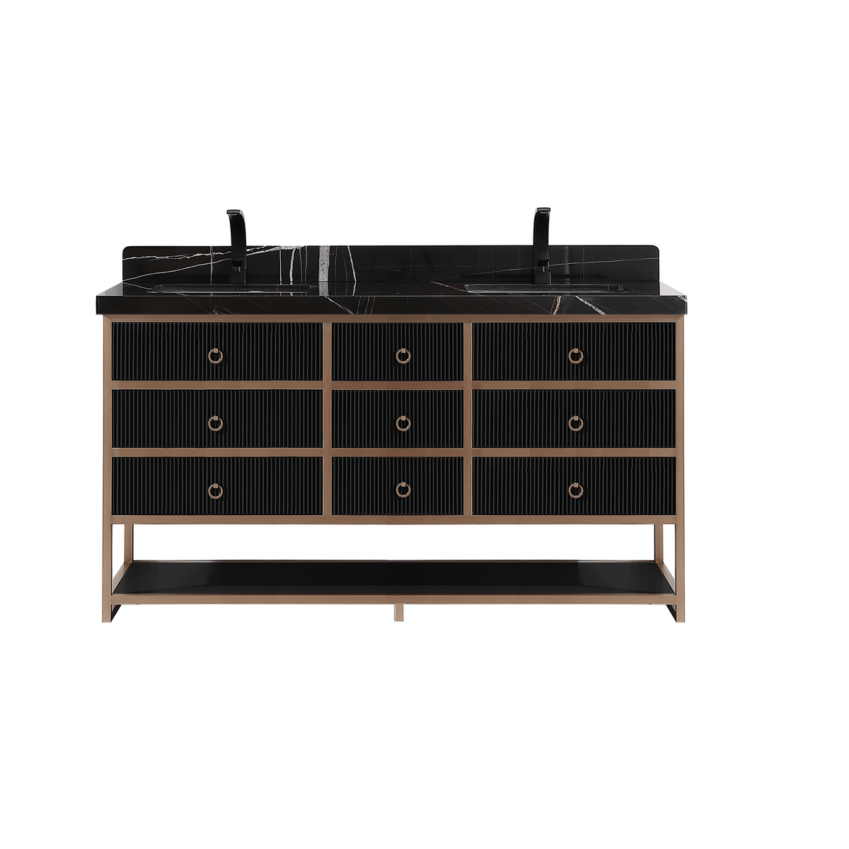 Legion Furniture 72" Double Vanity with Golden Brush Stainless Steel Frame and Tricorn Black Finish with 2" Thick Black Natural Marble Countertop – – –