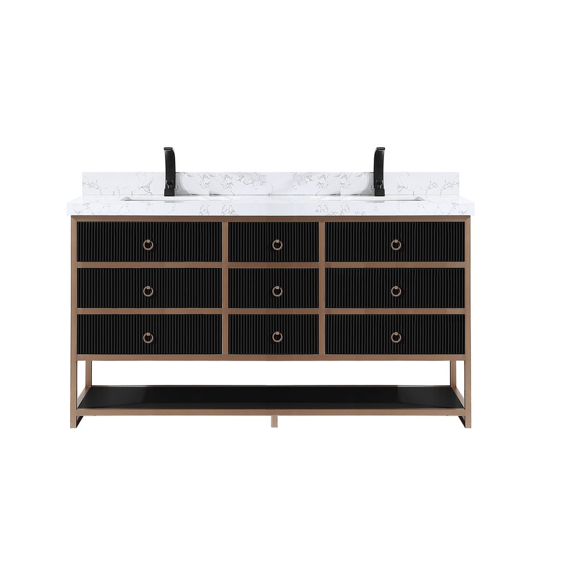 Legion Furniture 72" Double Vanity with Golden Brush Stainless Steel Frame and Tricorn Black Finish with 2' Thick White Artificial Stone Countertop – – –