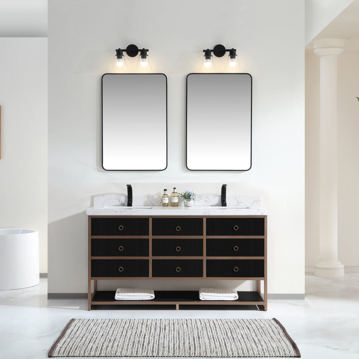 Legion Furniture 72" Double Vanity with Golden Brush Stainless Steel Frame and Tricorn Black Finish with 2' Thick White Artificial Stone Countertop – – –