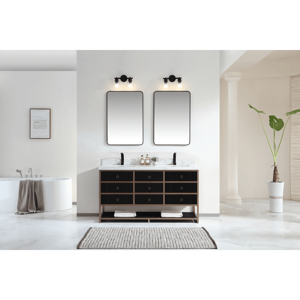 Legion Furniture 72" Double Vanity with Golden Brush Stainless Steel Frame and Tricorn Black Finish with 2' Thick White Artificial Stone Countertop – – –