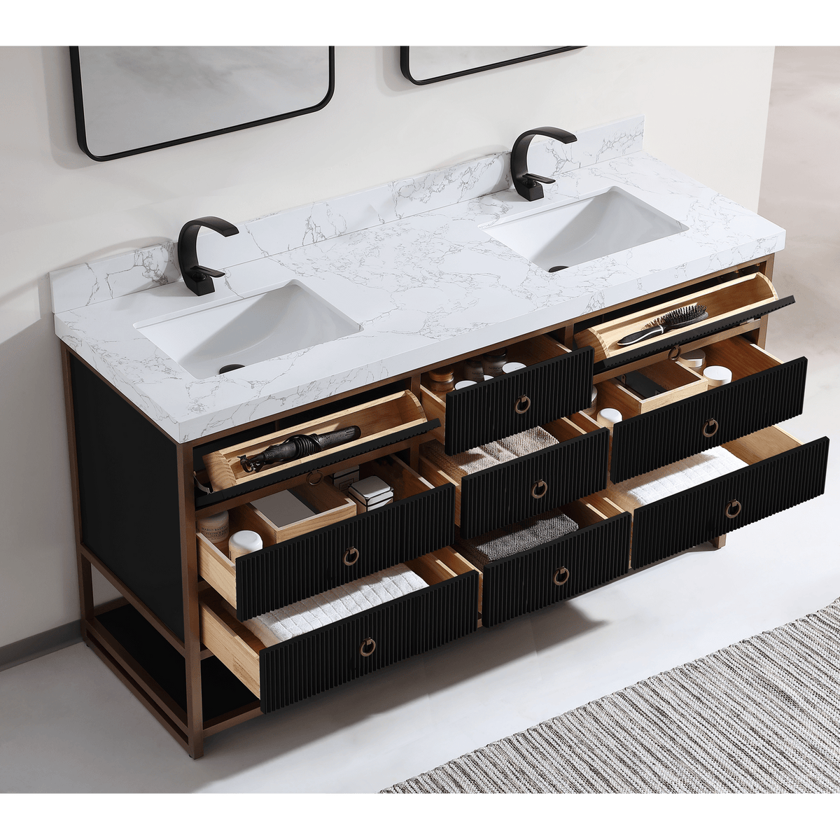 Legion Furniture 72" Double Vanity with Golden Brush Stainless Steel Frame and Tricorn Black Finish with 2' Thick White Artificial Stone Countertop – – –