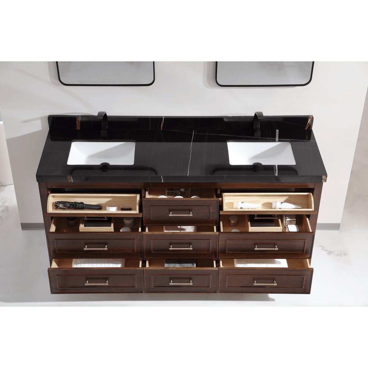 Legion Furniture 72" Ebony Double Vanity Dark Finish with 2" Thick Black Natural Marble Countertop – – –