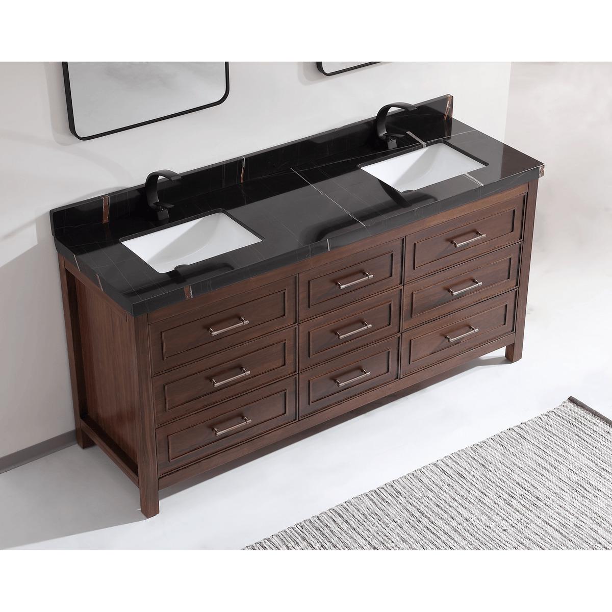 Legion Furniture 72" Ebony Double Vanity Dark Finish with 2" Thick Black Natural Marble Countertop – – –