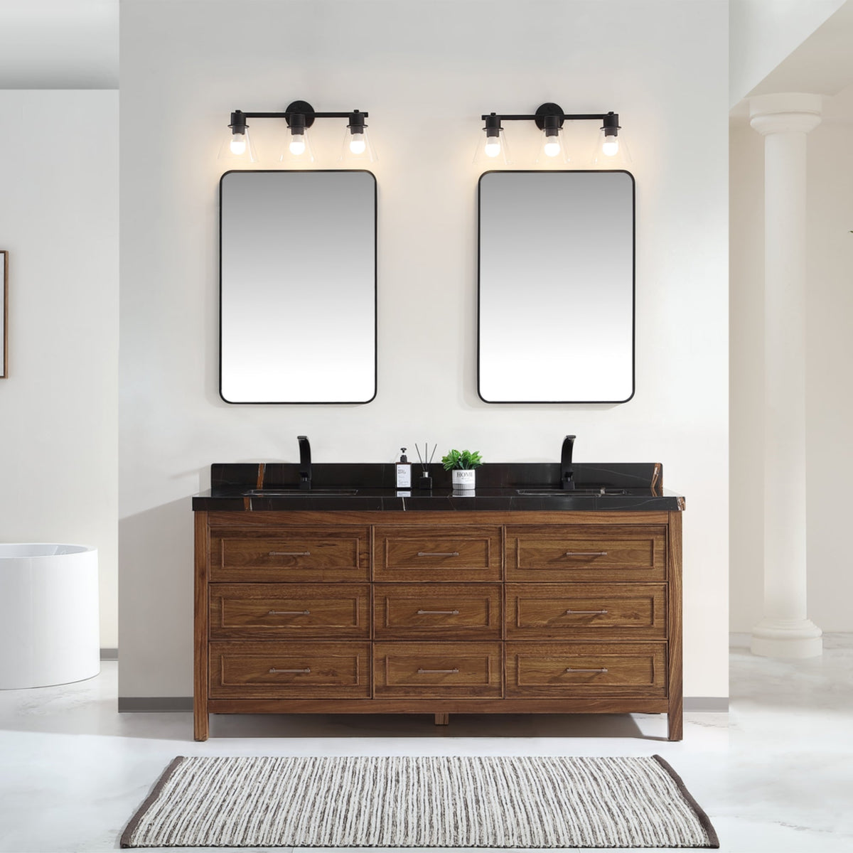 Legion Furniture 72" Ebony Double Vanity Light Finish with 2" Thick Black Marble Countertop – – –