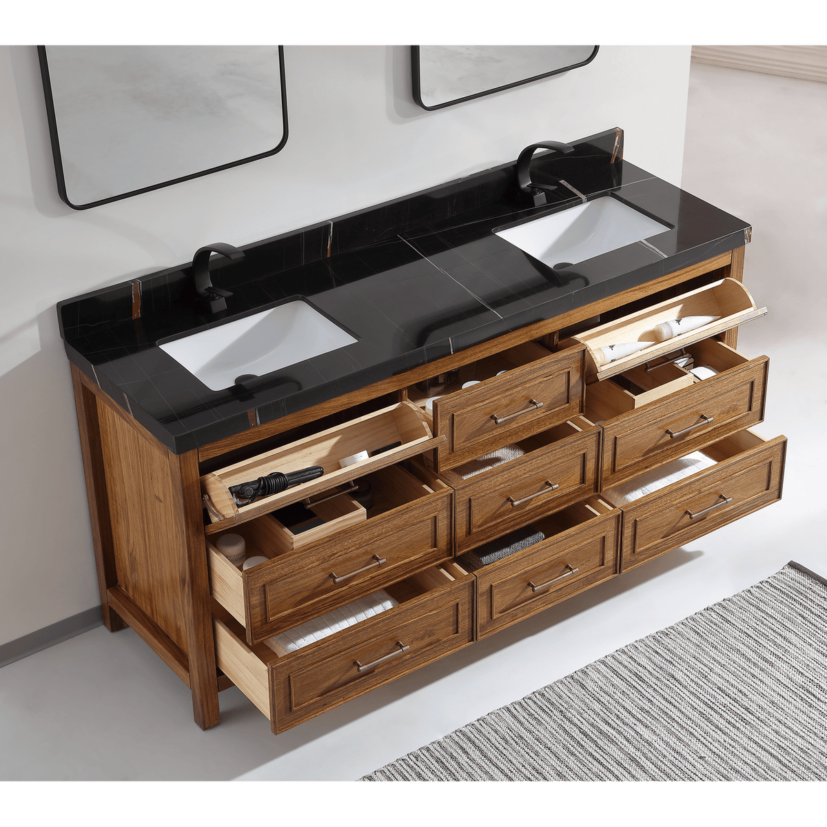 Legion Furniture 72" Ebony Double Vanity Light Finish with 2" Thick Black Marble Countertop – – –