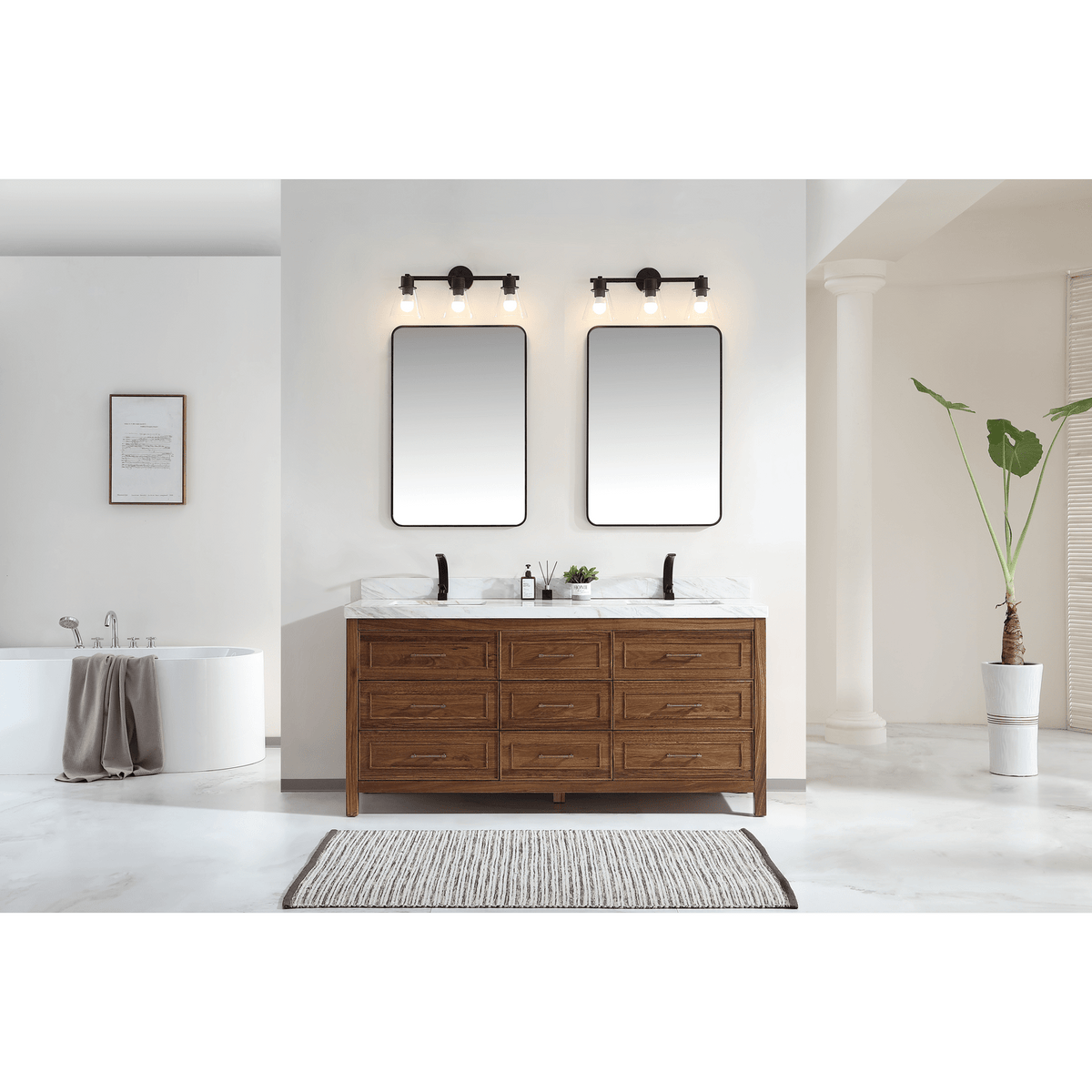 Legion Furniture 72" Ebony Double Vanity Light Finish with 2" Thick White Natural Marble Countertop – – –