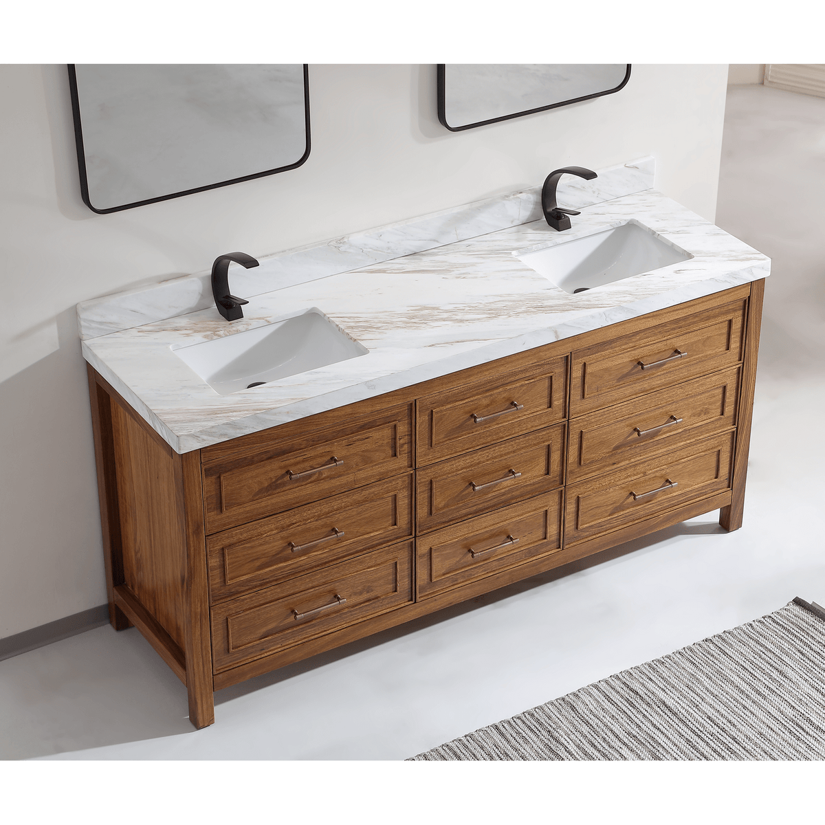 Legion Furniture 72" Ebony Double Vanity Light Finish with 2" Thick White Natural Marble Countertop – – –