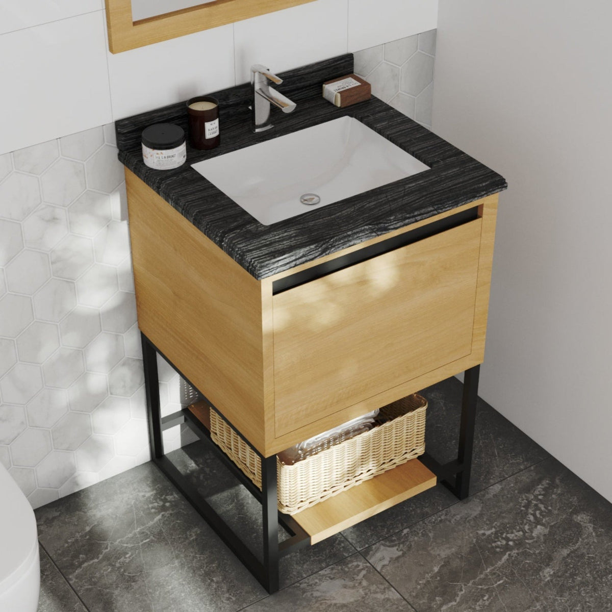 Laviva Alto 24” California White Oak Bathroom Vanity with Black Wood Marble Countertop – – –
