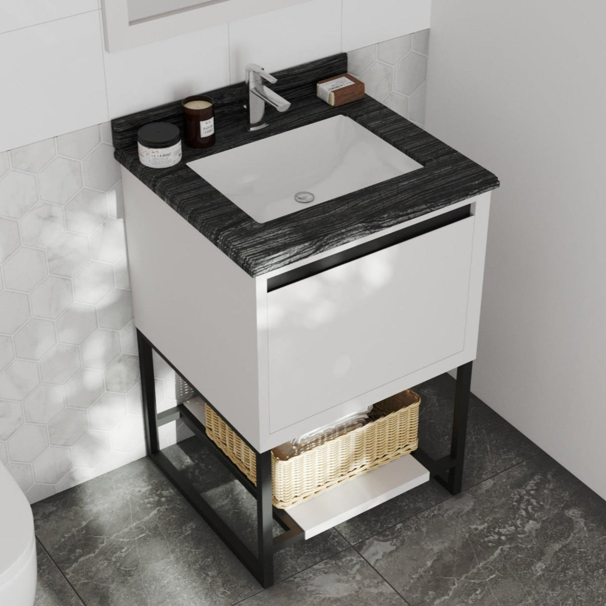 Laviva Alto 24" White Bathroom Vanity with Black Wood Marble Countertop – – –