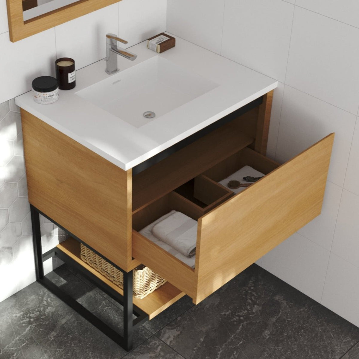 Laviva Alto 30" California White Oak Bathroom Vanity with Matte White VIVA Stone Solid Surface Countertop – – –