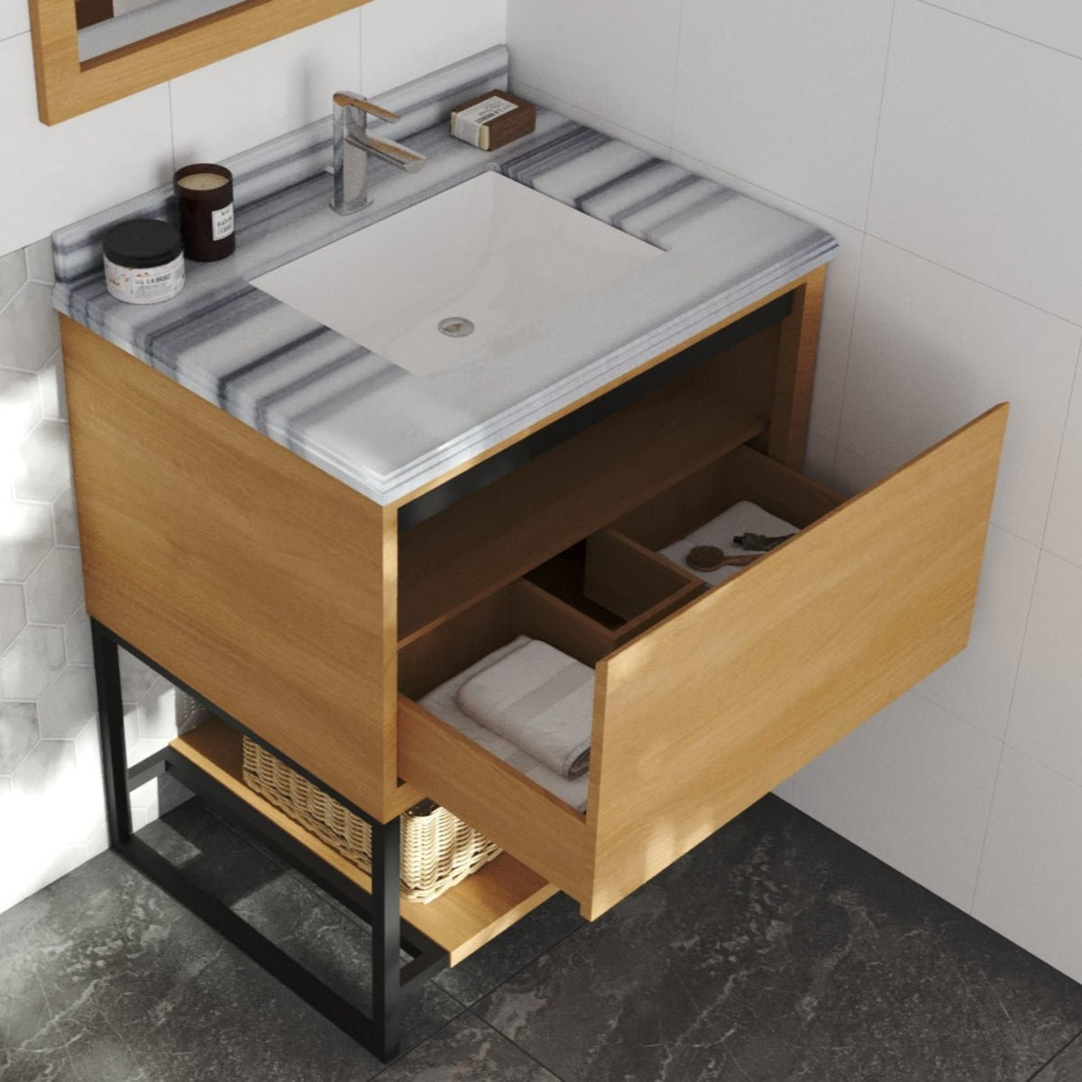 Laviva Alto 30" California White Oak Bathroom Vanity with White Stripes Marble Countertop – – –