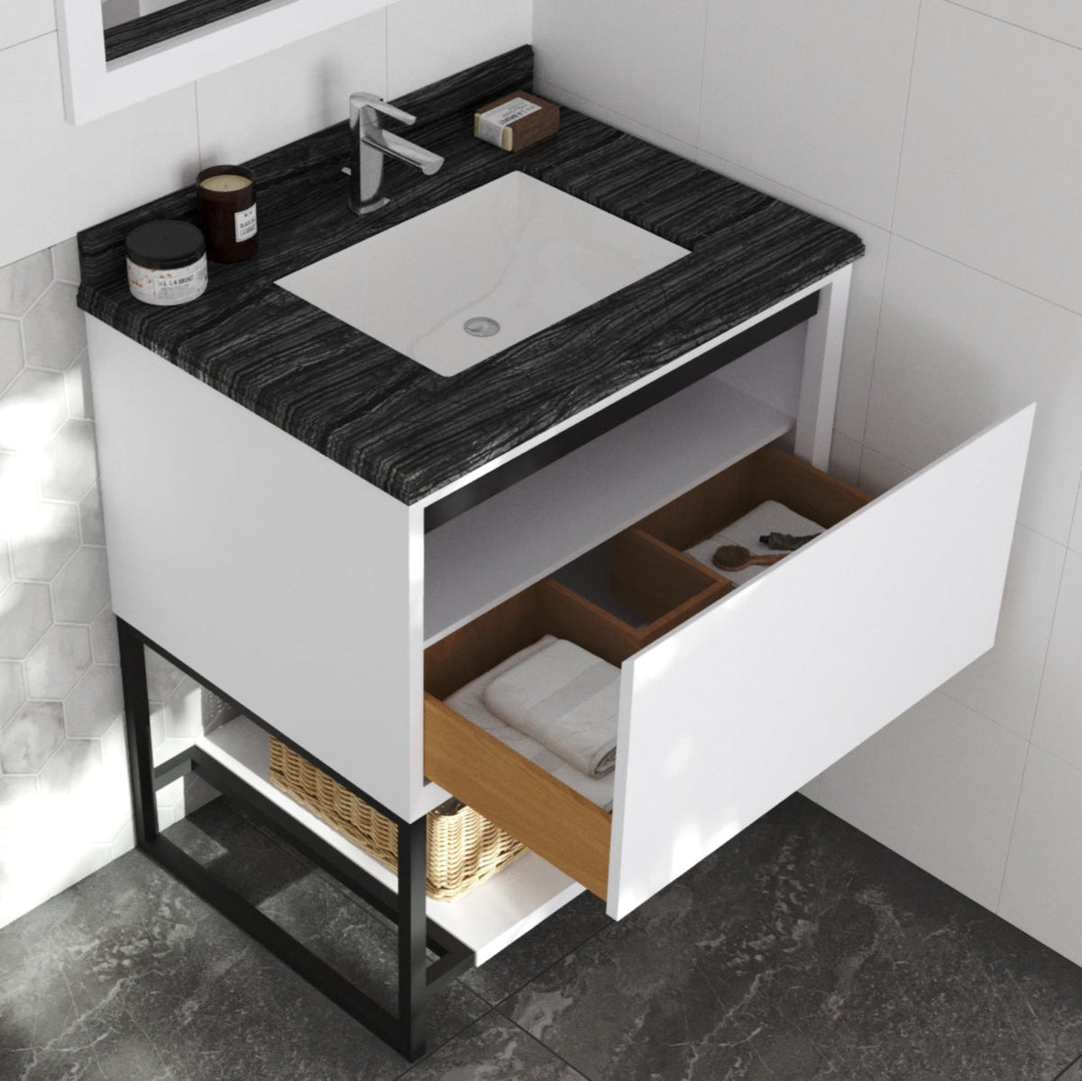 Laviva Alto 30" White Bathroom Vanity with Black Wood Marble Countertop – – –