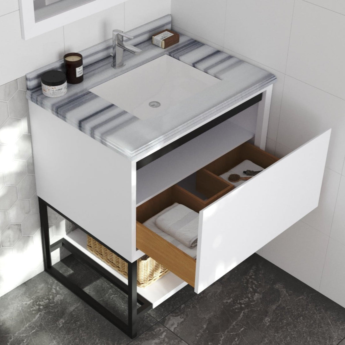 Laviva Alto 30" White Bathroom Vanity with White Stripes Marble Countertop – – –