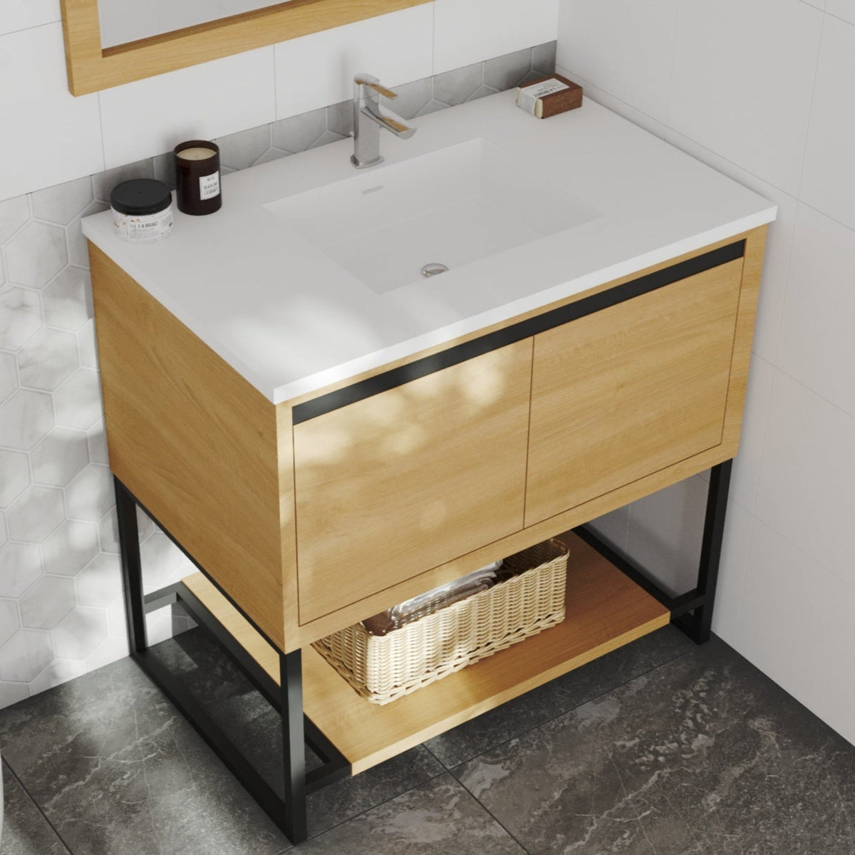 Laviva Alto 36" California White Oak Bathroom Vanity with Matte White VIVA Stone Solid Surface Countertop – – –