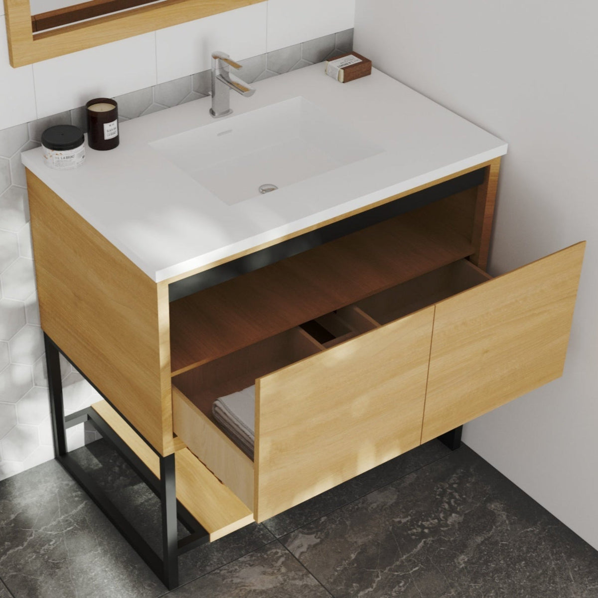 Laviva Alto 36" California White Oak Bathroom Vanity with Matte White VIVA Stone Solid Surface Countertop – – –