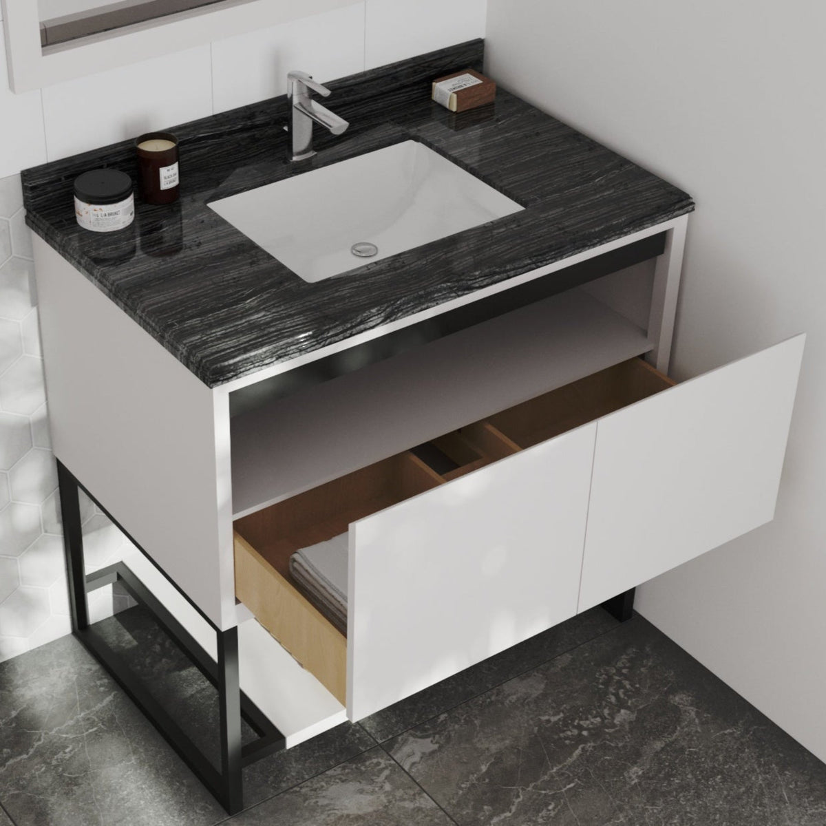 Laviva Alto 36" White Bathroom Vanity with Black Wood Marble Countertop – – –