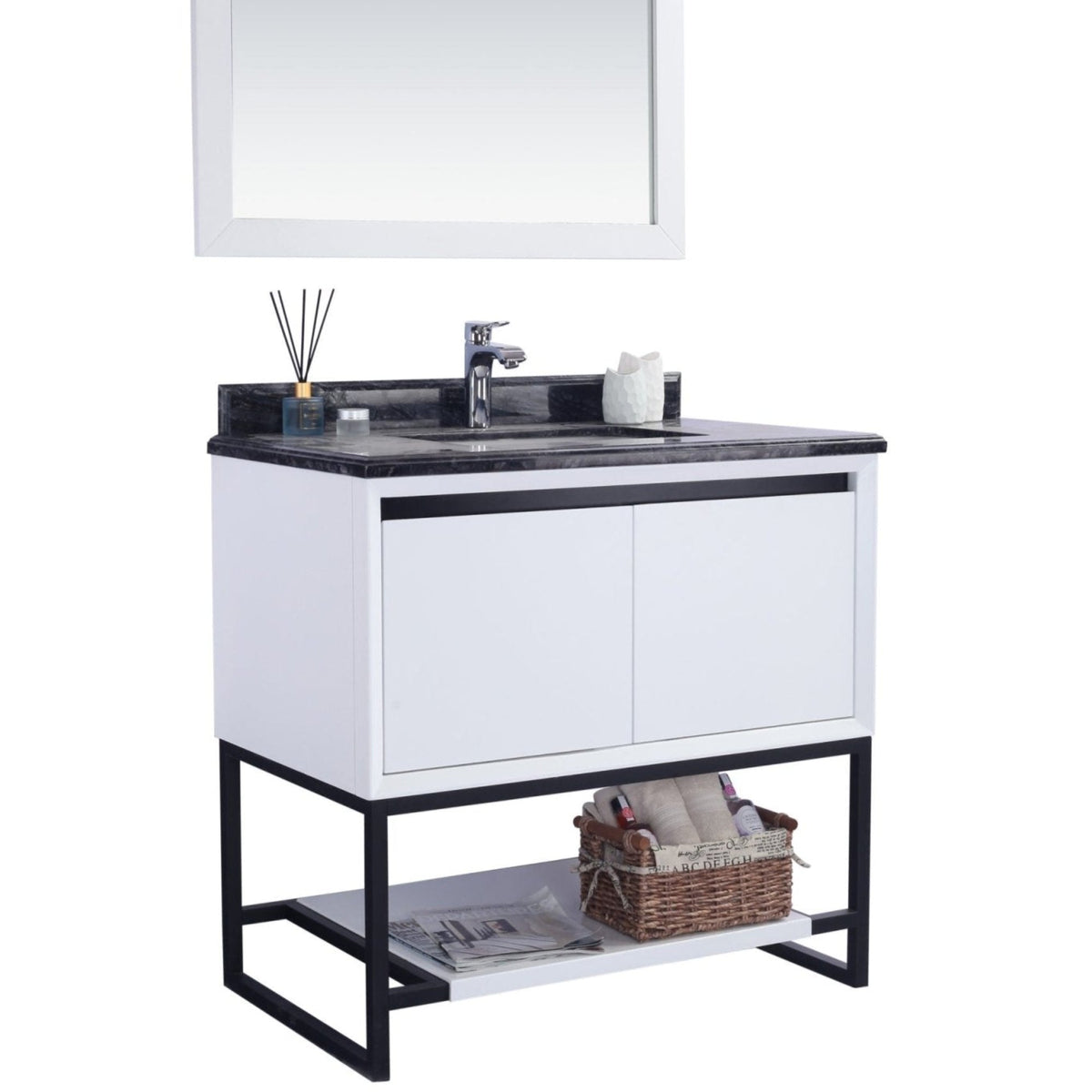 Laviva Alto 36" White Bathroom Vanity with Black Wood Marble Countertop – – –