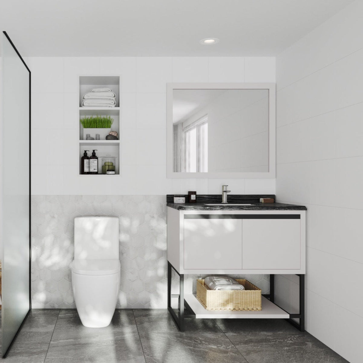 Laviva Alto 36" White Bathroom Vanity with Black Wood Marble Countertop – – –