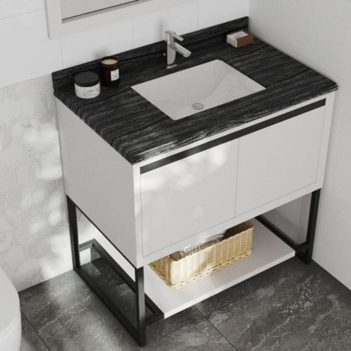 Laviva Alto 36" White Bathroom Vanity with Black Wood Marble Countertop – – –