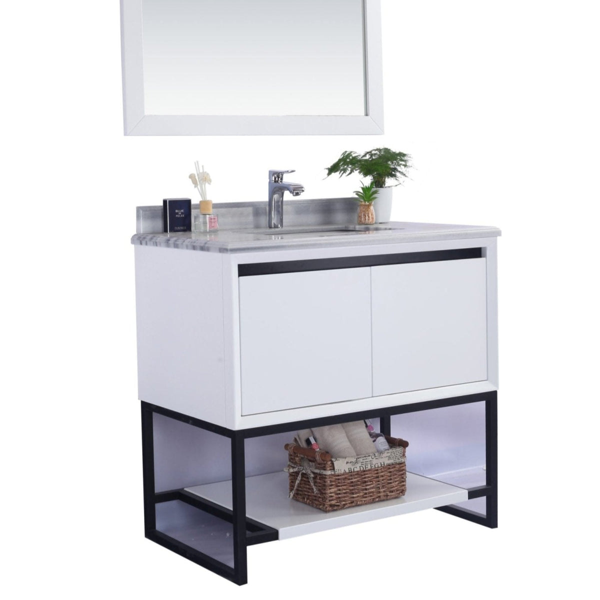Laviva Alto 36" White Bathroom Vanity with White Stripes Marble Countertop – – –