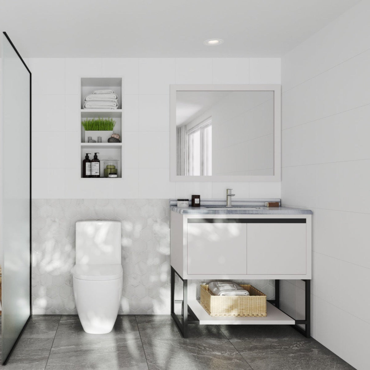 Laviva Alto 36" White Bathroom Vanity with White Stripes Marble Countertop – – –