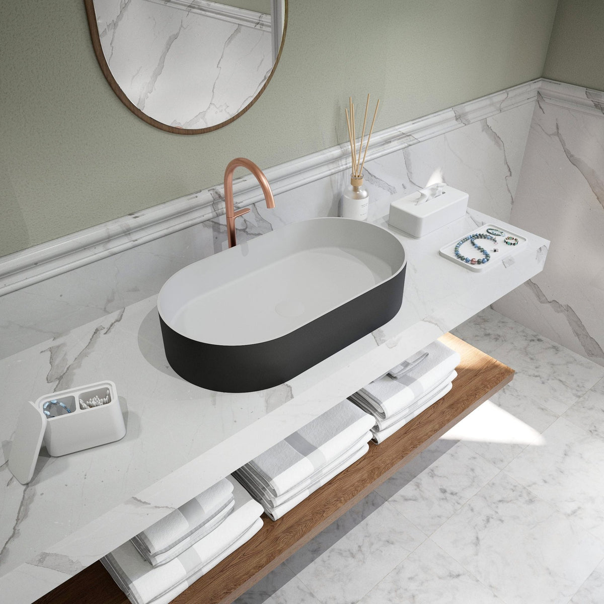 Ideavit SolidThin 60 Vessel Sink – 24" Matte White / Matte Black Exterior – Matte Black – –