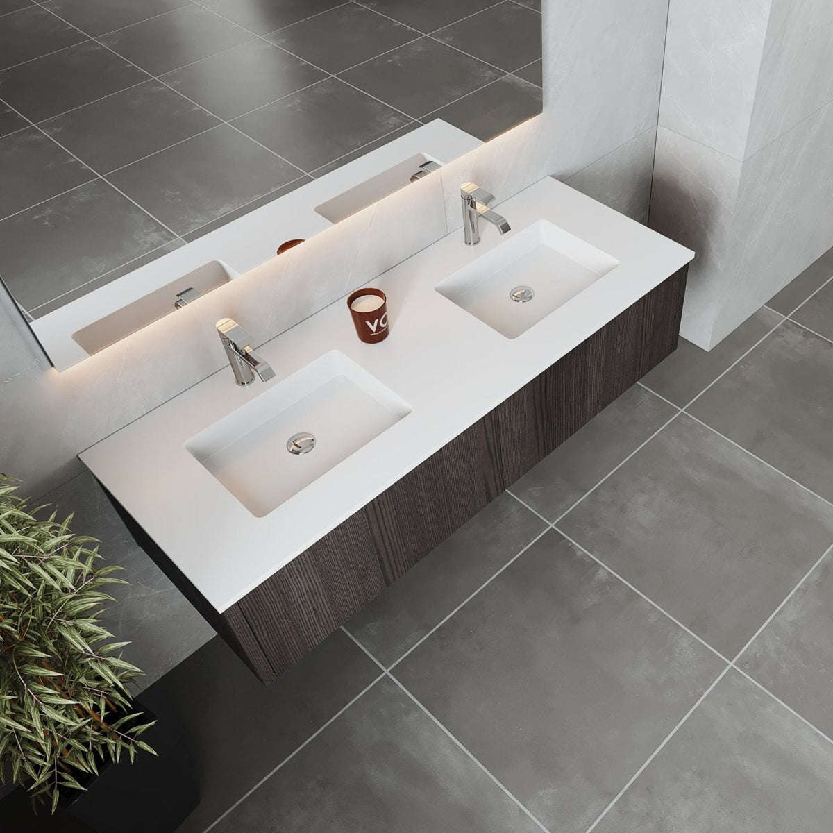 Laviva Legno 60" Carbon Oak Double Sink Bathroom Vanity with Matte White VIVA Stone Solid Surface Countertop – – –