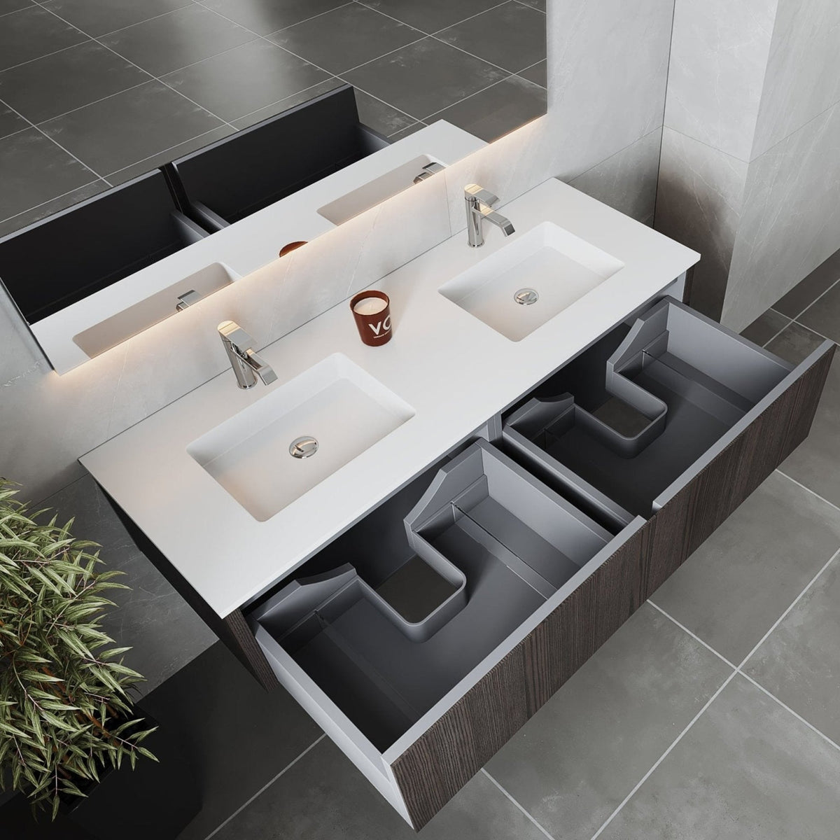 Laviva Legno 60" Carbon Oak Double Sink Bathroom Vanity with Matte White VIVA Stone Solid Surface Countertop – – –