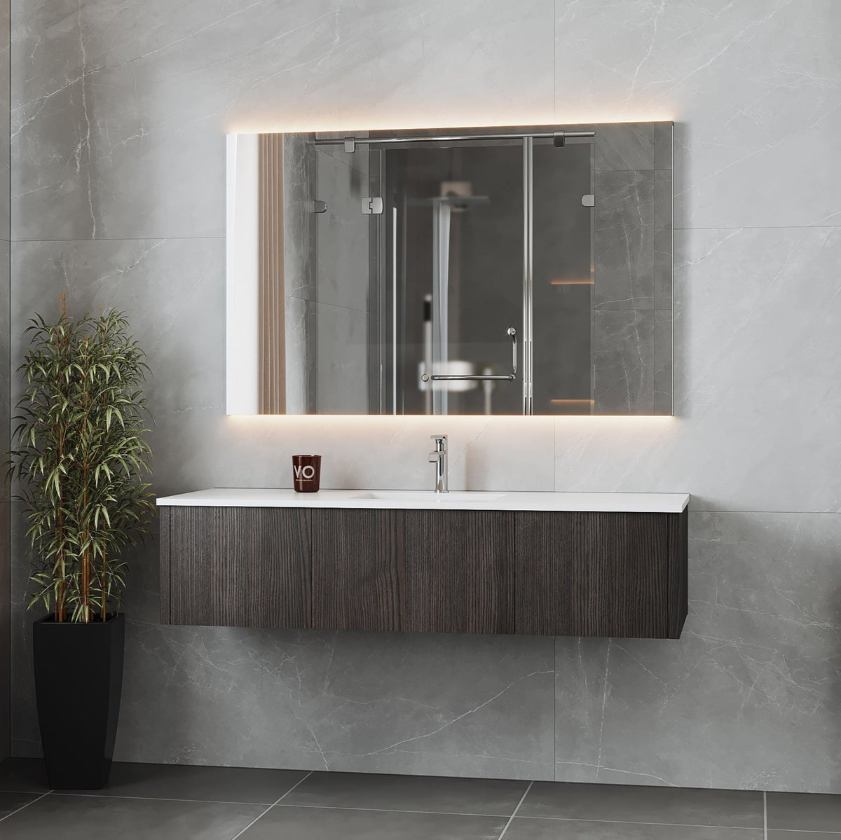 Laviva Legno 60" Carbon Oak Single Sink Bathroom Vanity with Matte White VIVA Stone Solid Surface Countertop – – –