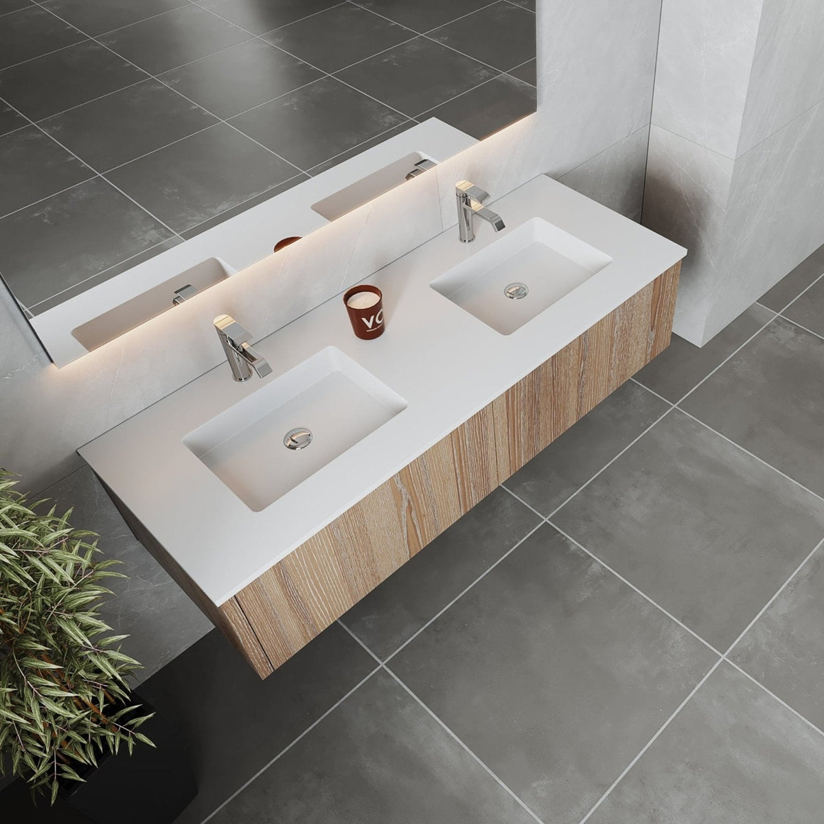 Laviva Legno 60" Weathered Grey Double Sink Bathroom Vanity with Matte White VIVA Stone Solid Surface Countertop – – –