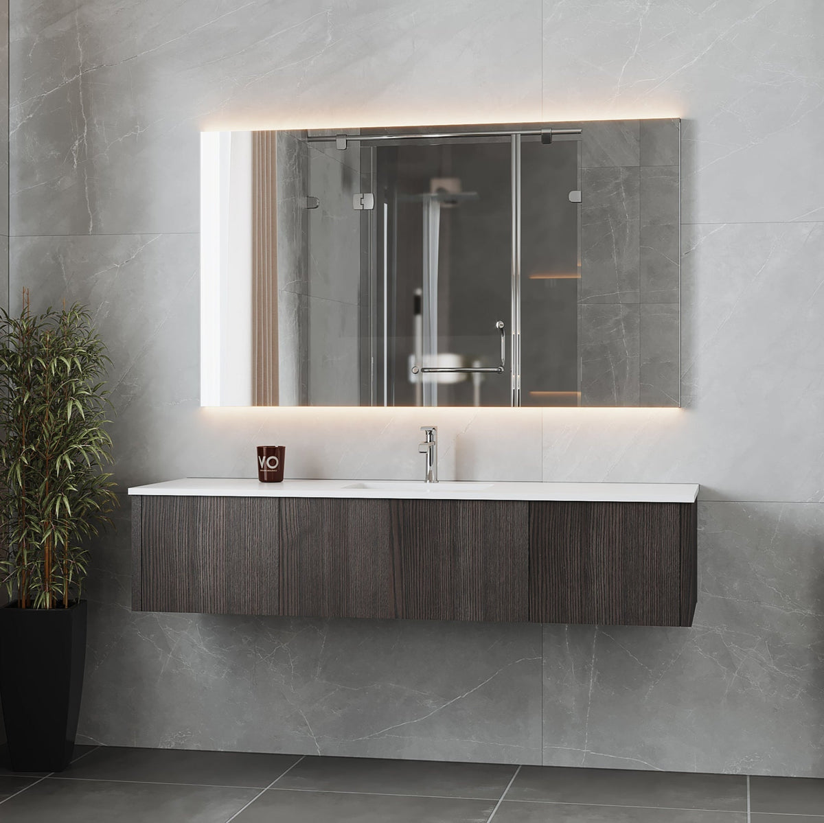 Laviva Legno 66" Carbon Oak Bathroom Vanity with Matte White VIVA Stone Solid Surface Countertop – – –