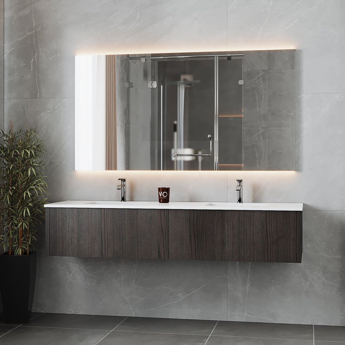 Laviva Legno 72" Carbon Oak Double Sink Bathroom Vanity with Matte White VIVA Stone Solid Surface Countertop – – –