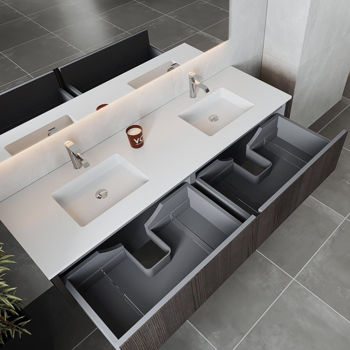 Laviva Legno 72" Carbon Oak Double Sink Bathroom Vanity with Matte White VIVA Stone Solid Surface Countertop – – –